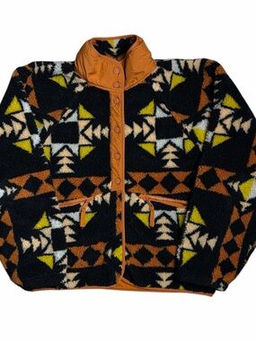 Free People Rocky Ridge Fleece Jacket Size M Snap Button Pockets Night Sky Combo